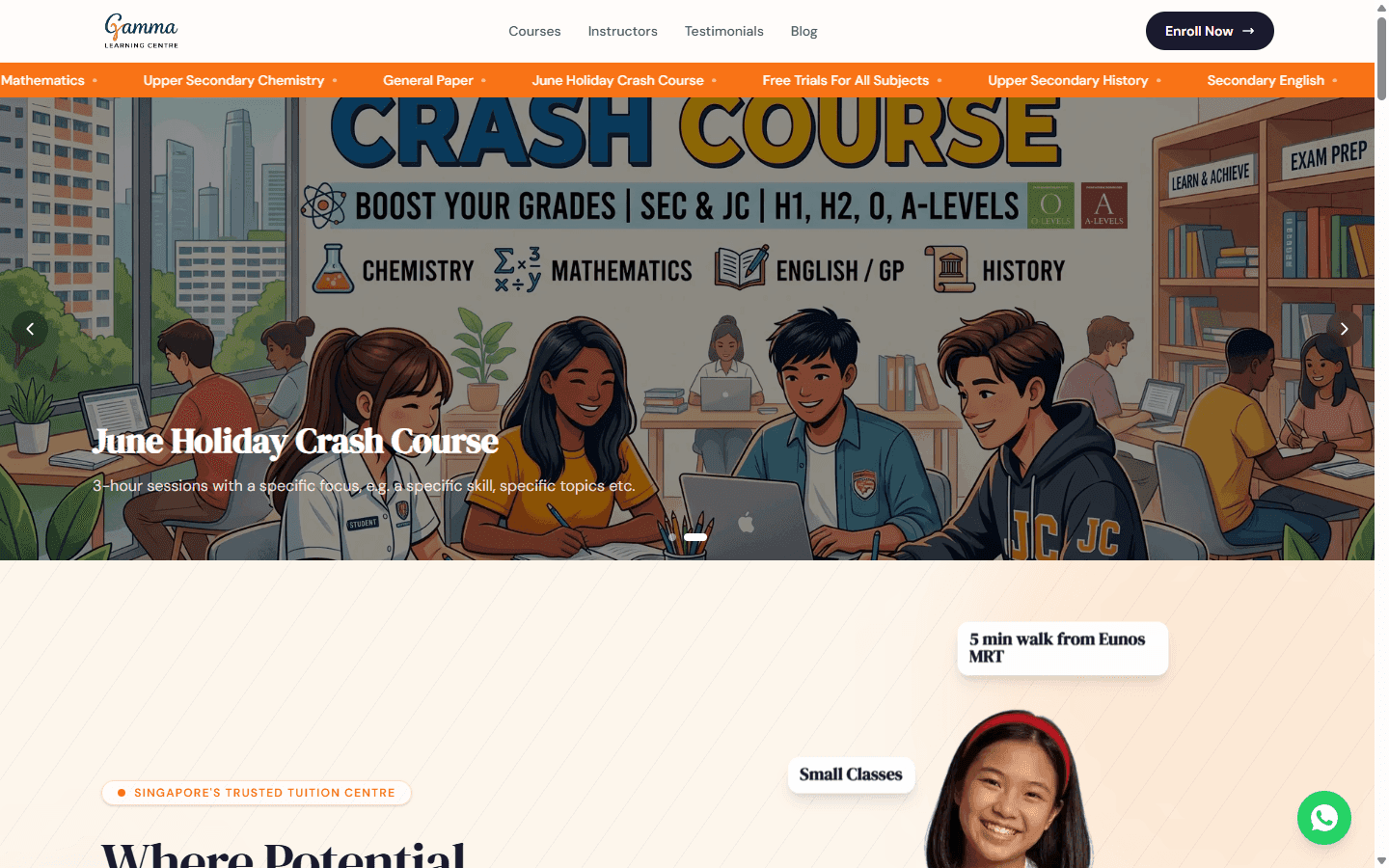 Gamma Learning Centre homepage hero showing tuition centre branding and primary call-to-action