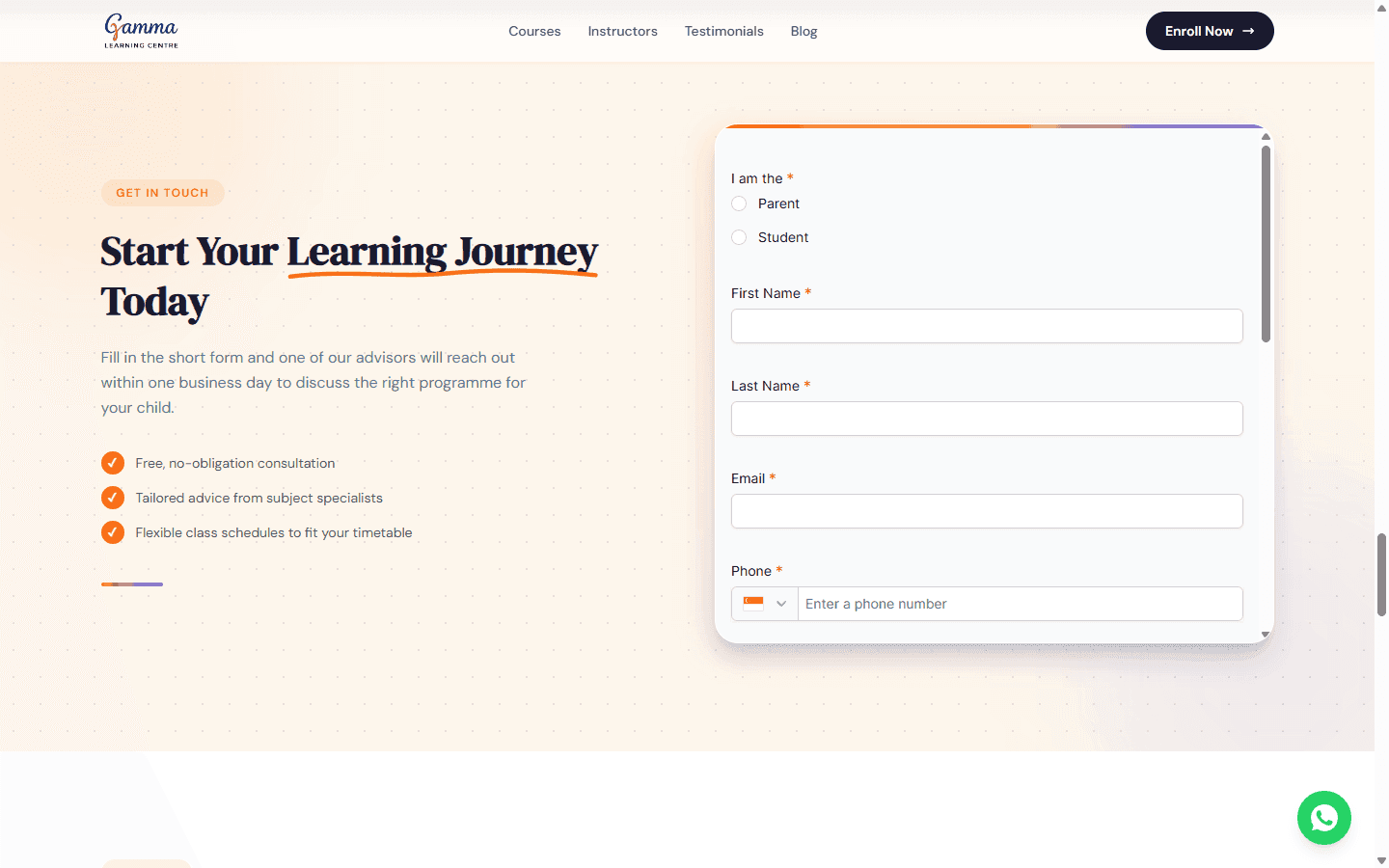 Contact and booking section of the Gamma Learning Centre site with ClassCard integration