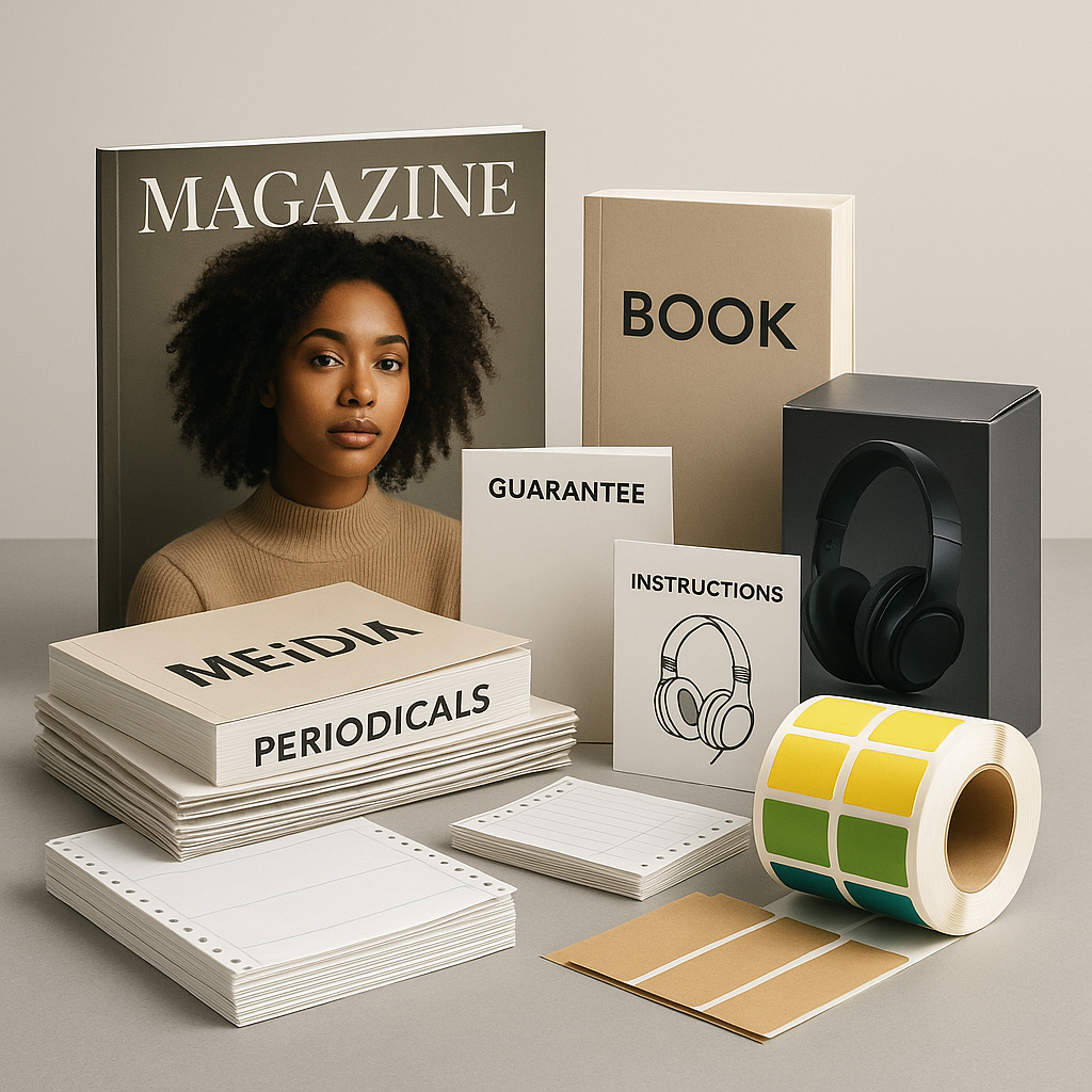 Stack of printed magazines and books produced at Accord Printing
