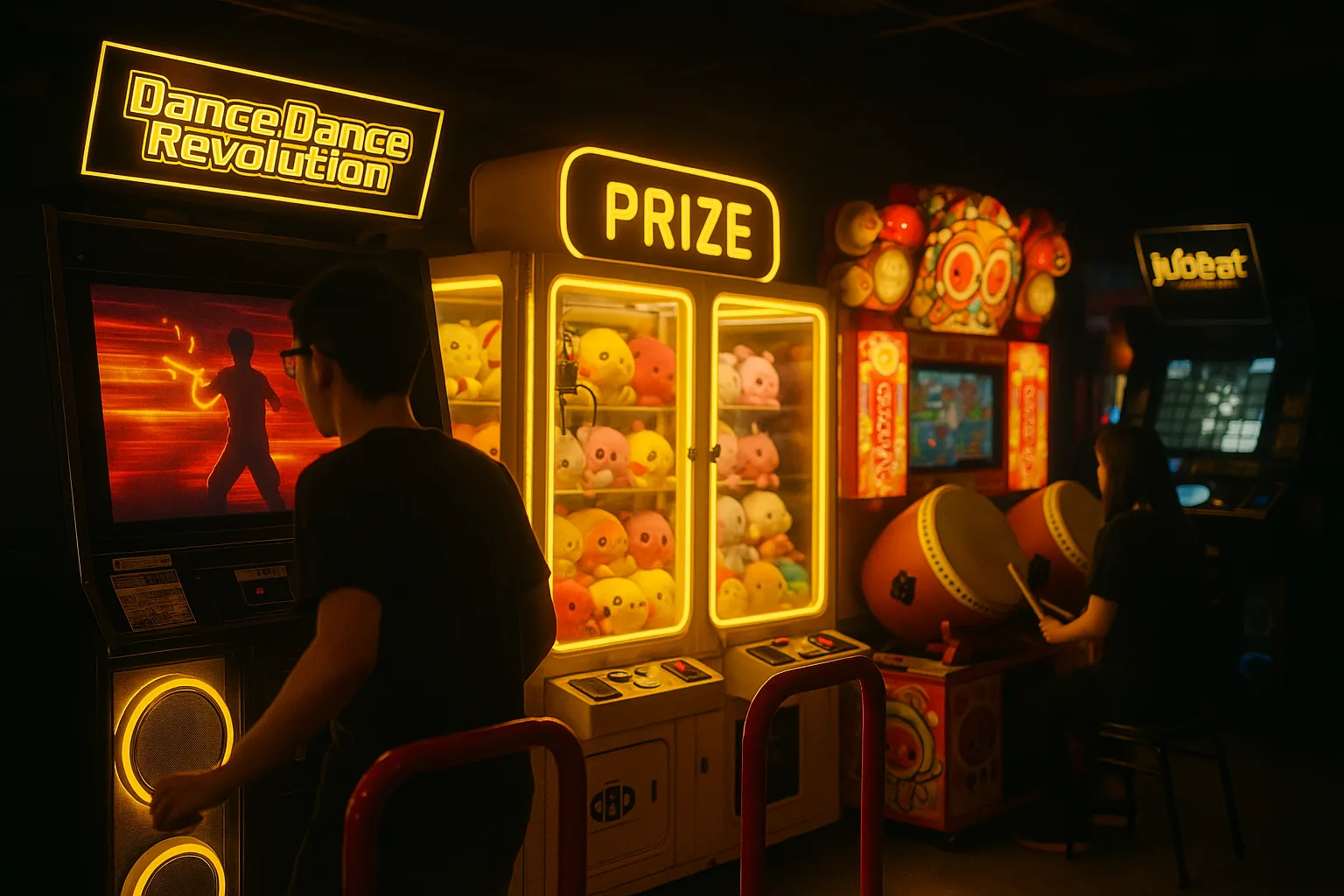 Arcade Planet arcade floor — neon machines glowing in the dark at Suntec City