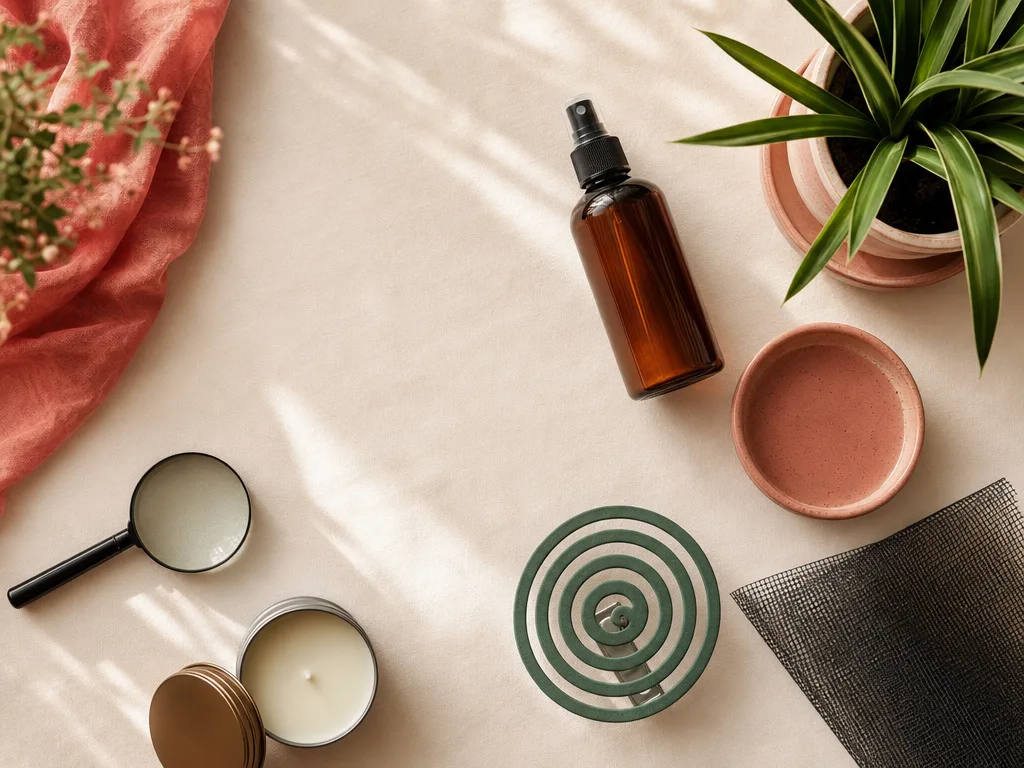 Flat-lay of mosquito prevention items: repellent, coil, mesh and plant saucer