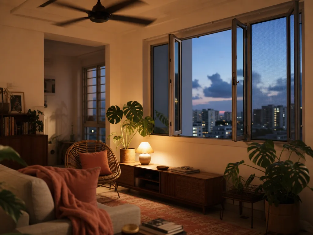 Cosy HDB living room at dusk with open screened windows