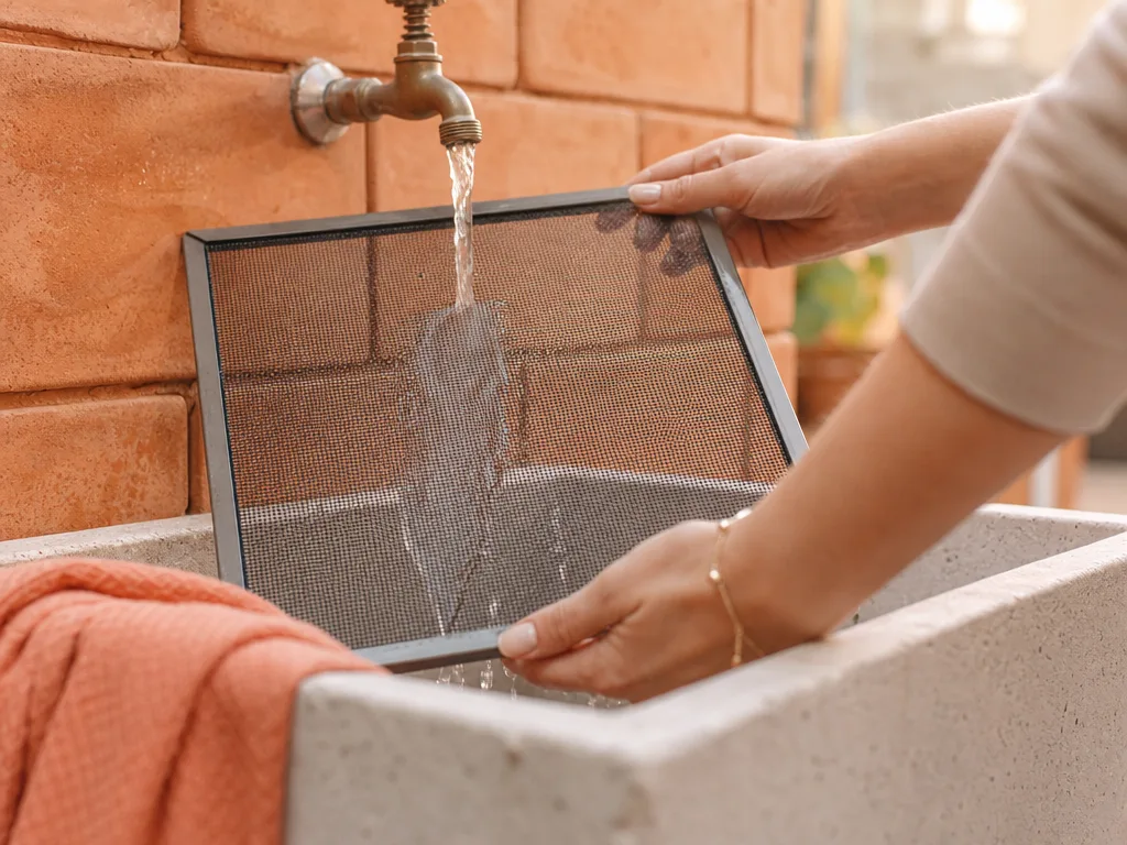 Hands rinsing a magnetic mesh screen panel under a tap