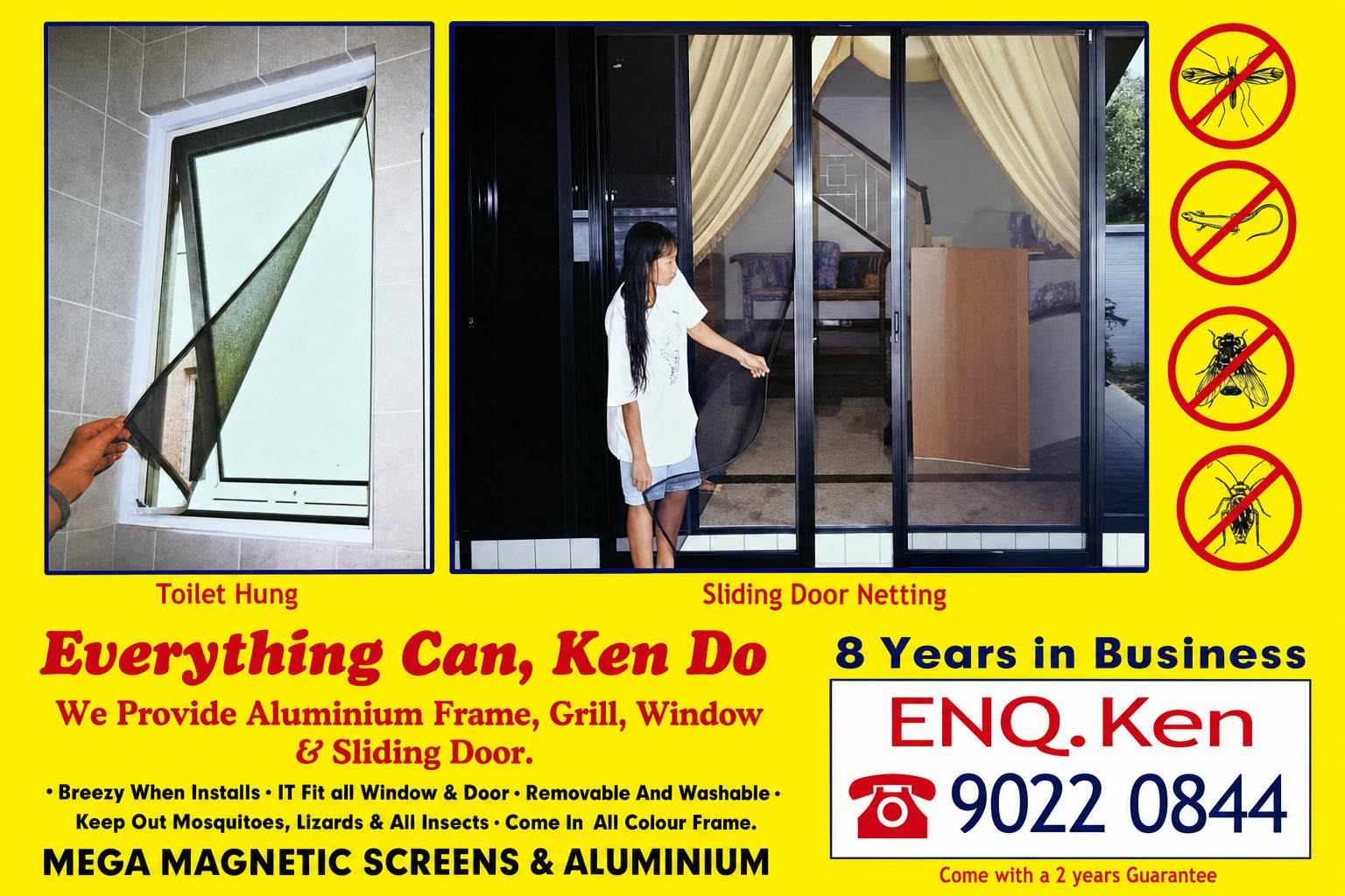 Restored Everything Can Ken Do flyer showing toilet window and sliding door mesh netting with Ken's phone number 9022 0844
