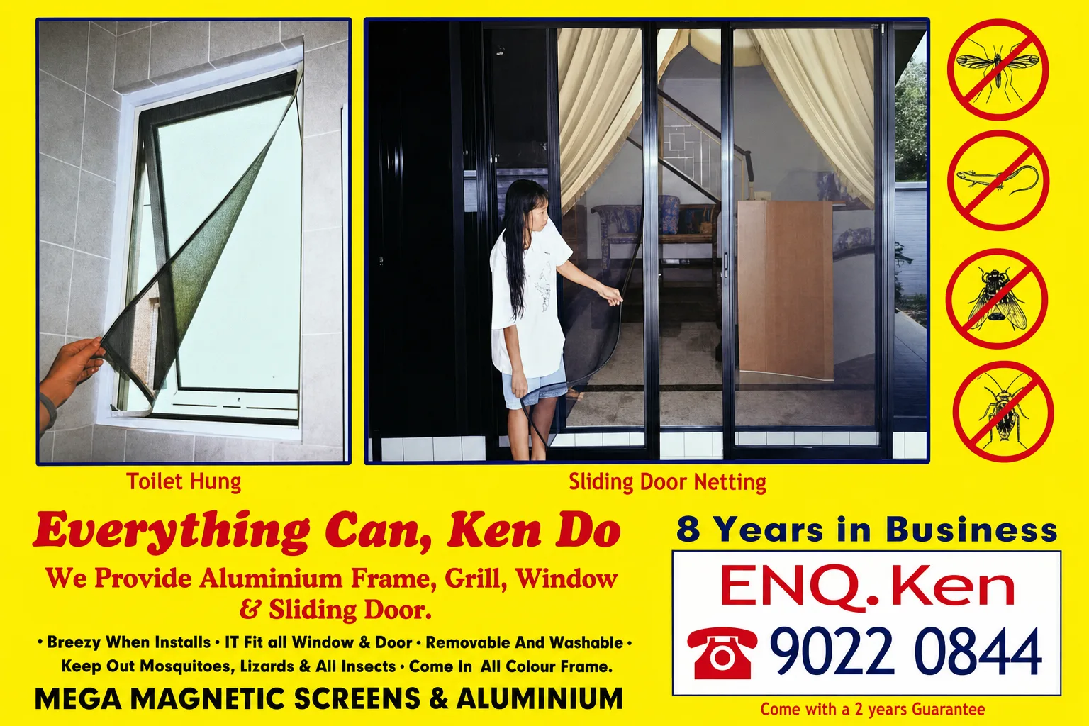 Restored Everything Can Ken Do flyer showing toilet window and sliding door mesh netting with Ken's phone number 9022 0844