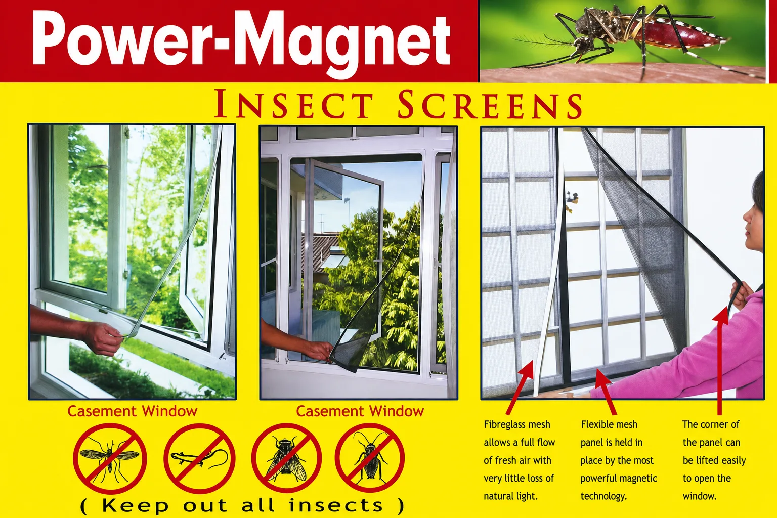 Restored Power-Magnet insect screens flyer showing magnetic mesh panels on casement windows and keep-out-all-insects stamps