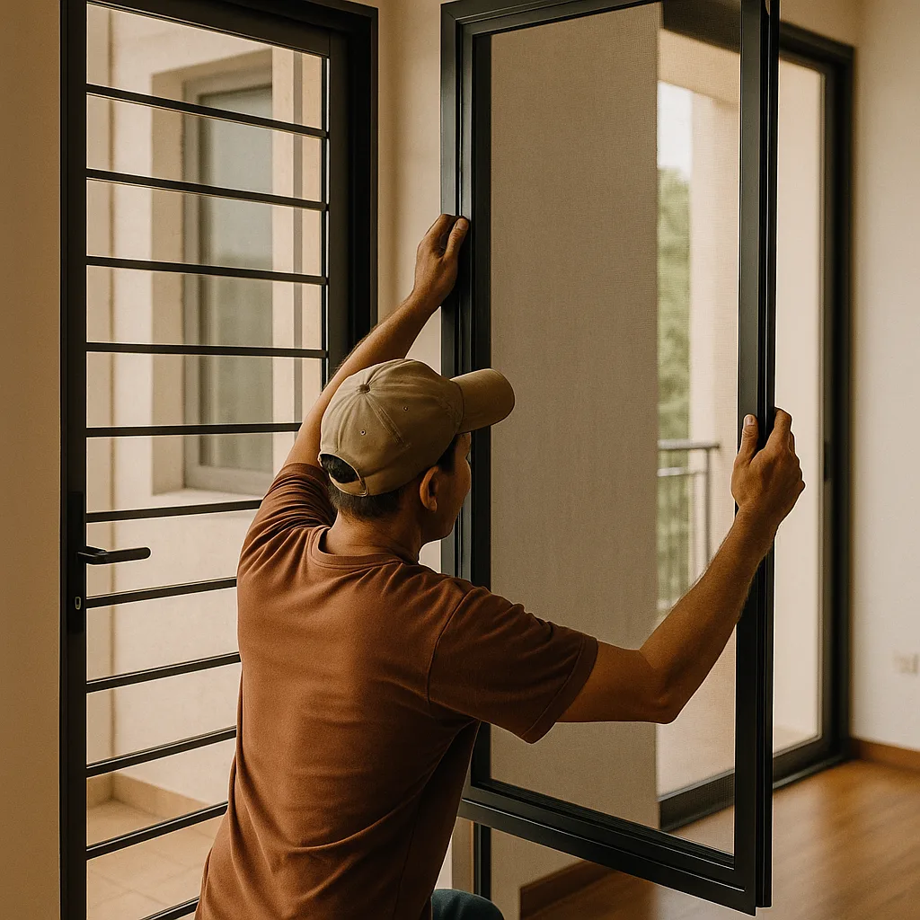 Installer fitting an aluminium window grille