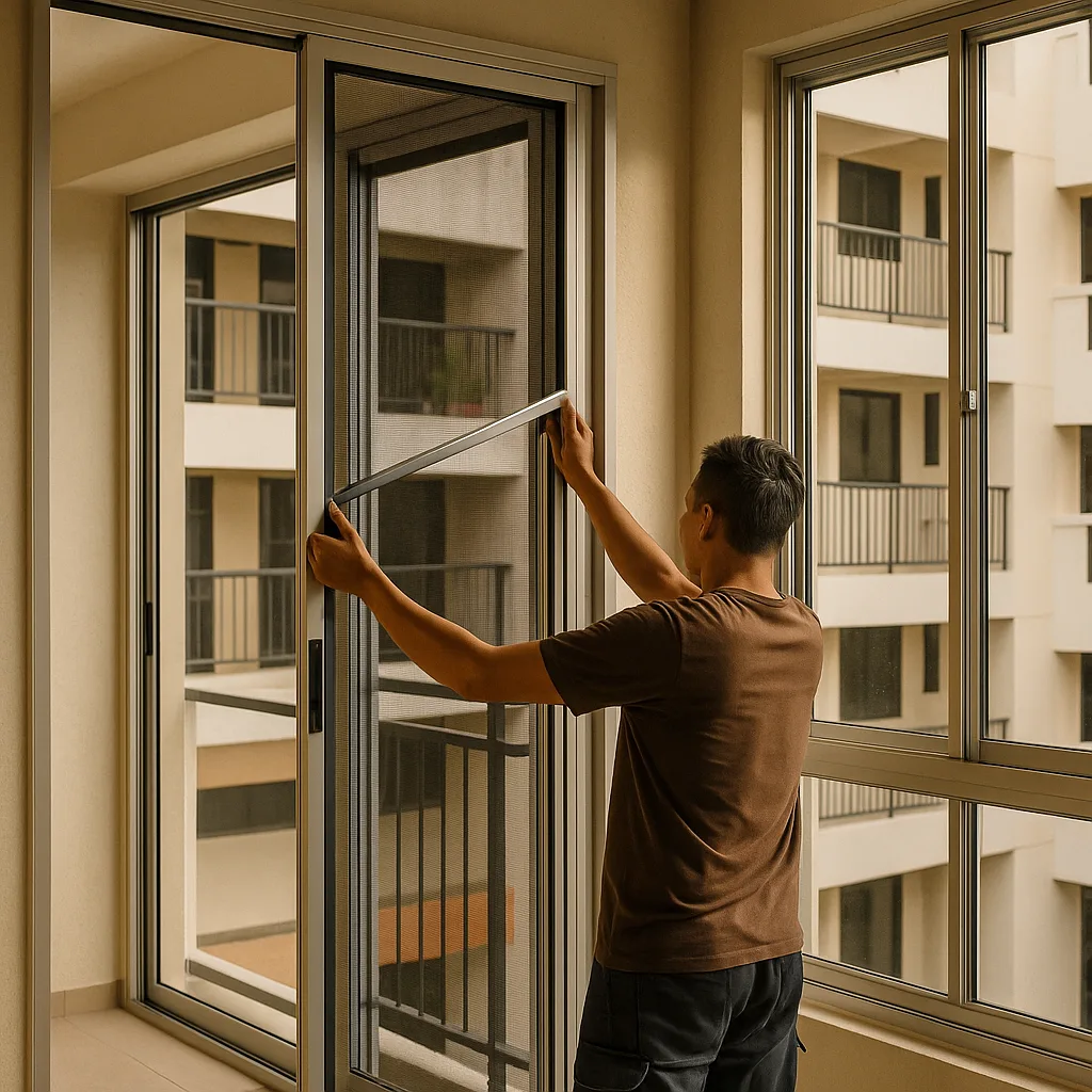 Aluminium sliding door with mesh screen in an HDB flat