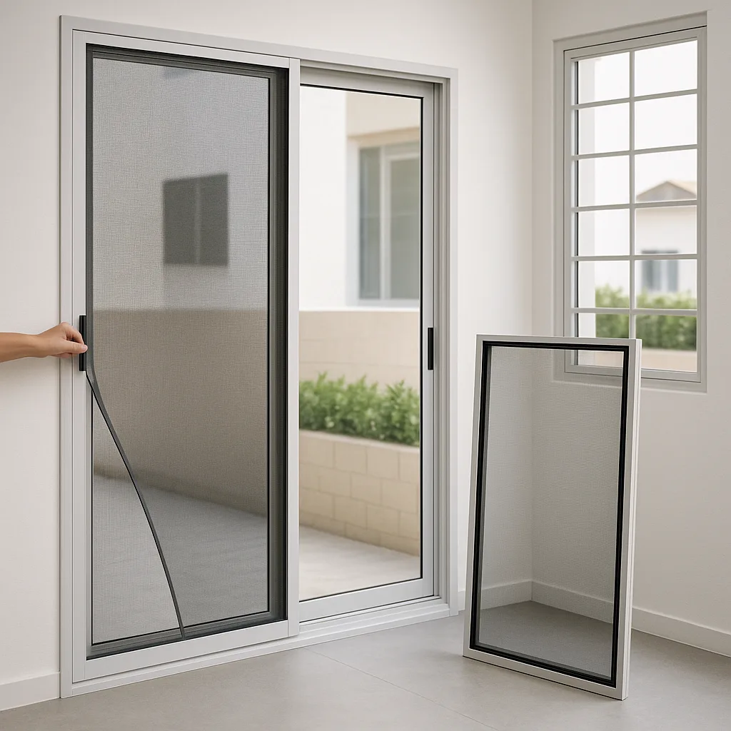 Magnetic insect screen being peeled off a sliding door frame