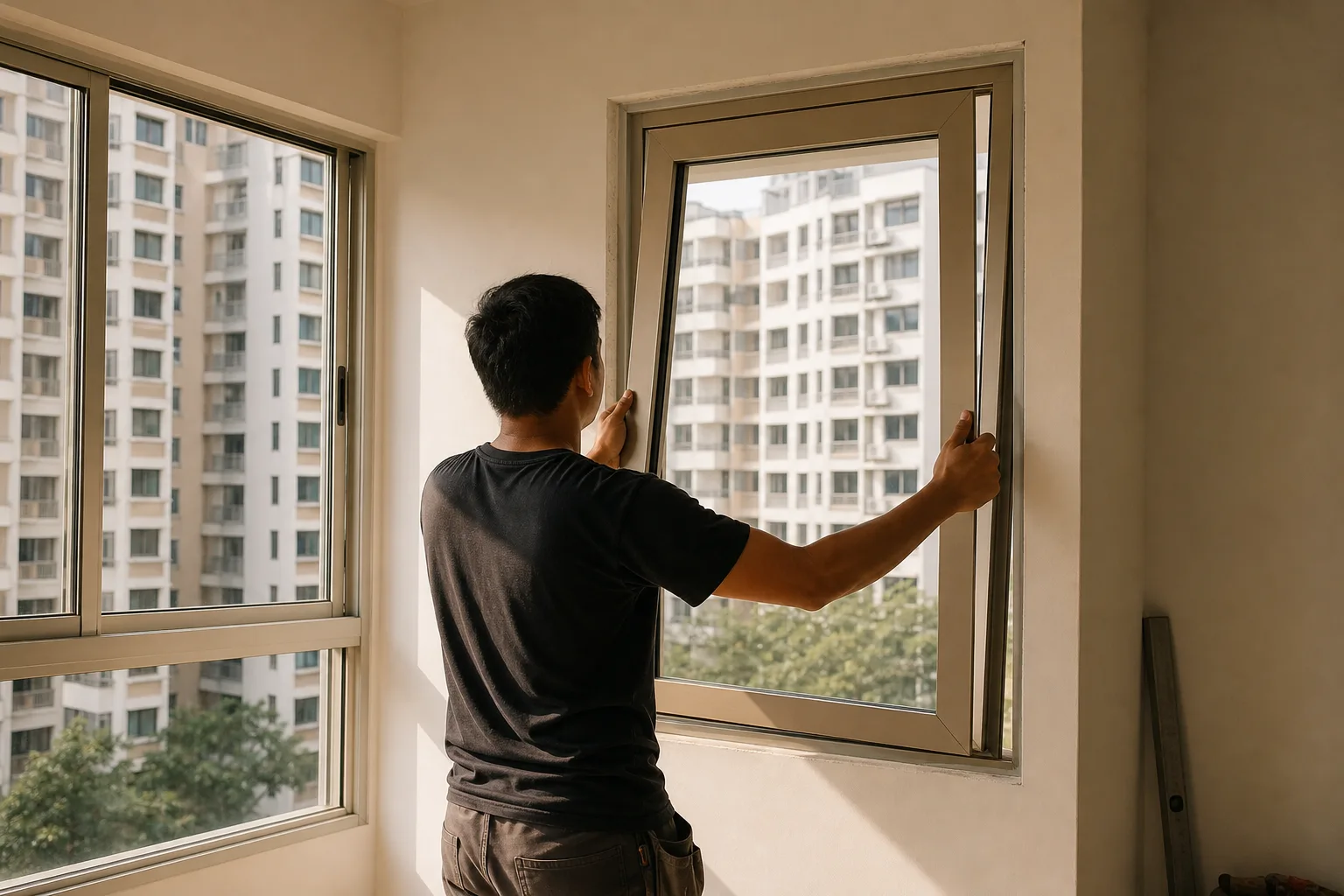 Installer seating an aluminium casement window sash into its frame in a Singapore condo